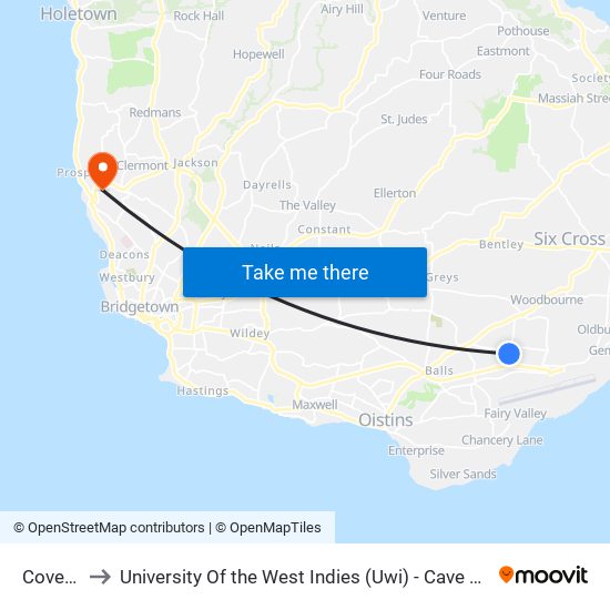 Coverley to University Of the West Indies (Uwi) - Cave Hill Campus map