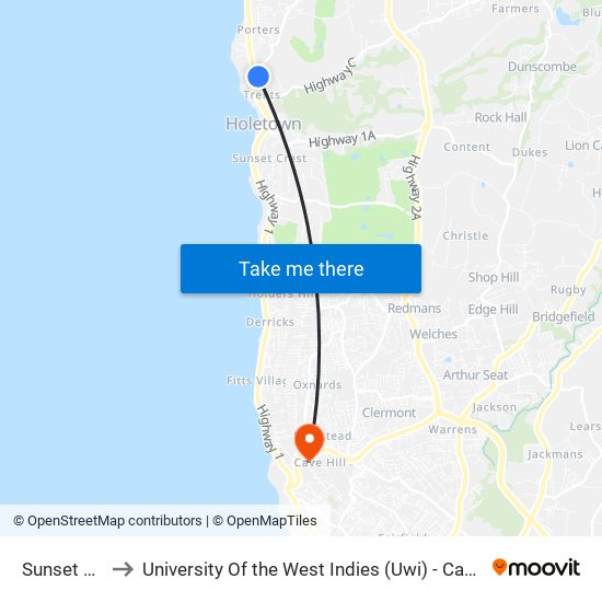 Sunset Crest to University Of the West Indies (Uwi) - Cave Hill Campus map