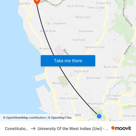 Constitution Road to University Of the West Indies (Uwi) - Cave Hill Campus map