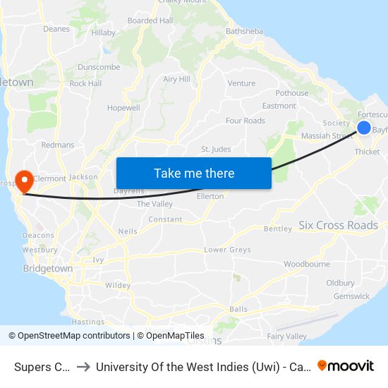 Supers Corner to University Of the West Indies (Uwi) - Cave Hill Campus map