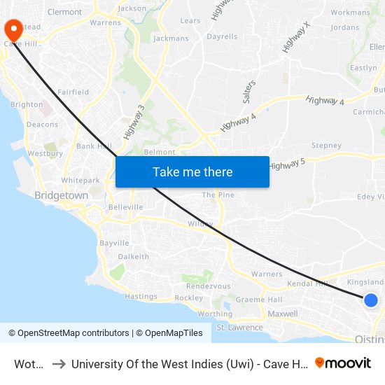 Wotton to University Of the West Indies (Uwi) - Cave Hill Campus map