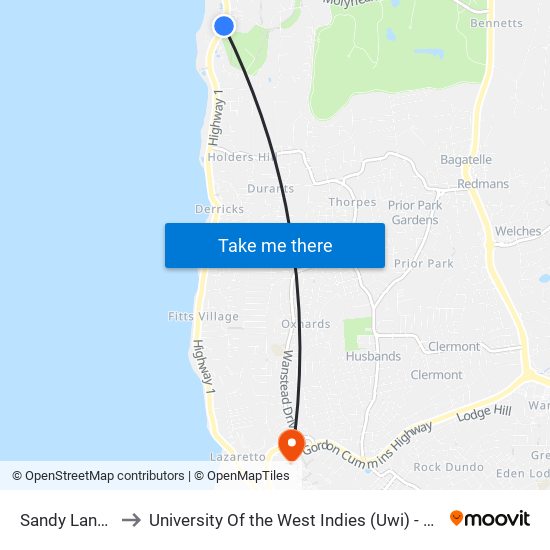 Sandy Lane Hotel to University Of the West Indies (Uwi) - Cave Hill Campus map