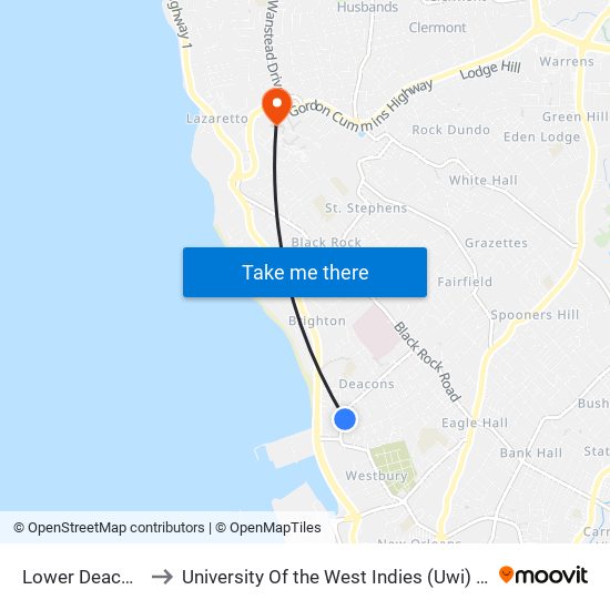 Lower Deacons Road to University Of the West Indies (Uwi) - Cave Hill Campus map