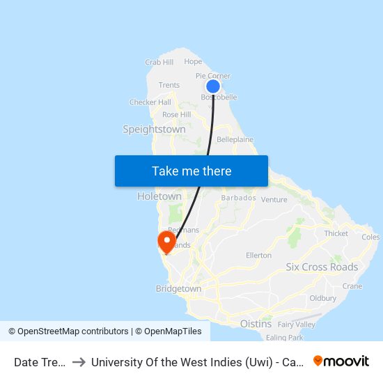 Date Tree Hill to University Of the West Indies (Uwi) - Cave Hill Campus map