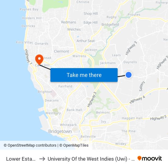 Lower Estate Road to University Of the West Indies (Uwi) - Cave Hill Campus map