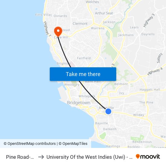 Pine Road-3rd Ave to University Of the West Indies (Uwi) - Cave Hill Campus map