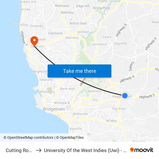 Cutting Road -Exit to University Of the West Indies (Uwi) - Cave Hill Campus map