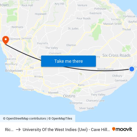 Rices to University Of the West Indies (Uwi) - Cave Hill Campus map