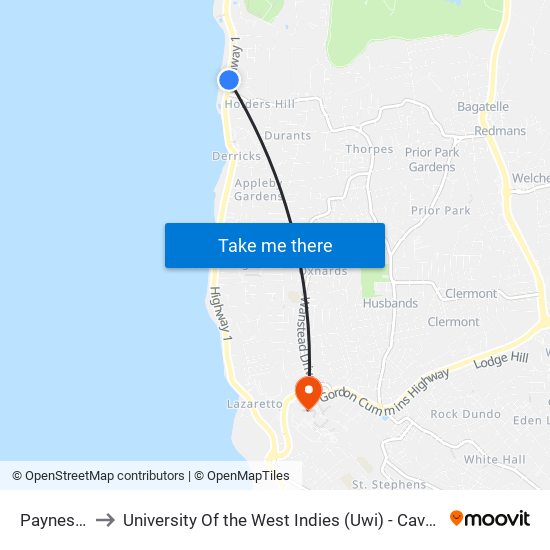 Paynes Bay to University Of the West Indies (Uwi) - Cave Hill Campus map