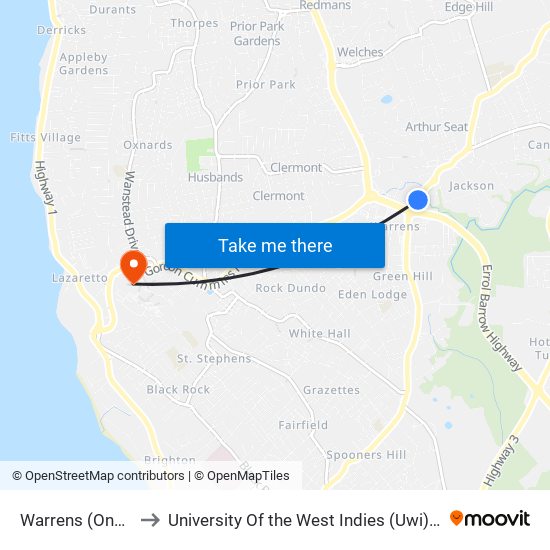 Warrens (One Accord) to University Of the West Indies (Uwi) - Cave Hill Campus map