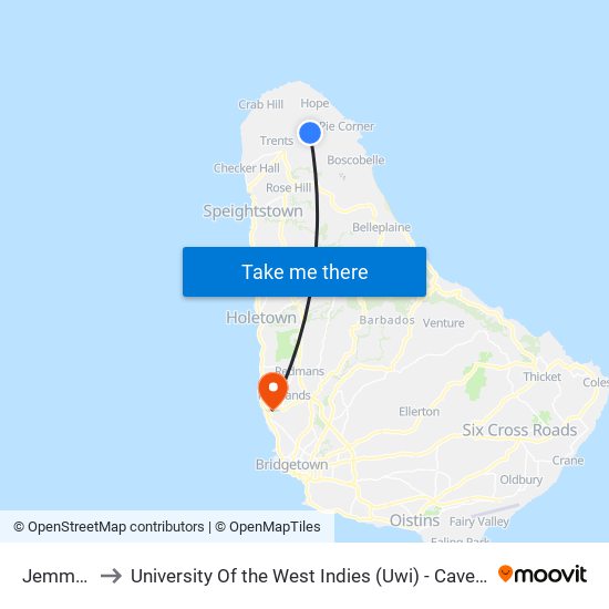 Jemmotts to University Of the West Indies (Uwi) - Cave Hill Campus map
