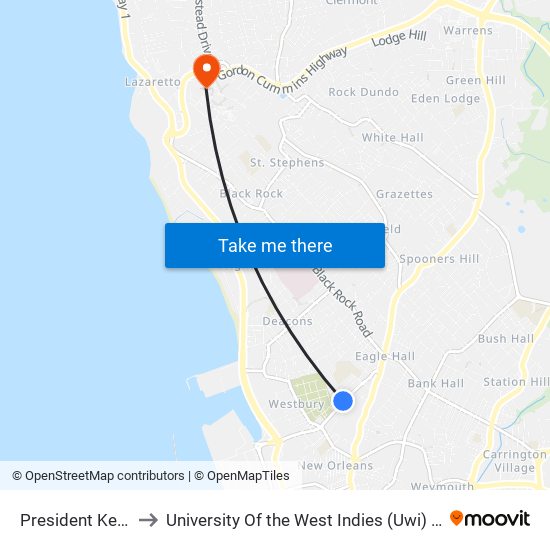 President Kennedy Dr to University Of the West Indies (Uwi) - Cave Hill Campus map