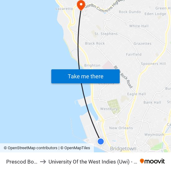 Prescod Boulevard to University Of the West Indies (Uwi) - Cave Hill Campus map