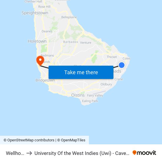 Wellhouse to University Of the West Indies (Uwi) - Cave Hill Campus map