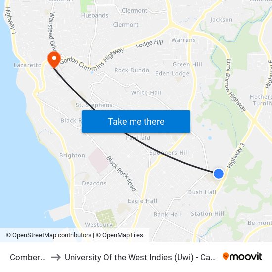 Combermere to University Of the West Indies (Uwi) - Cave Hill Campus map
