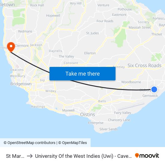 St Martins to University Of the West Indies (Uwi) - Cave Hill Campus map