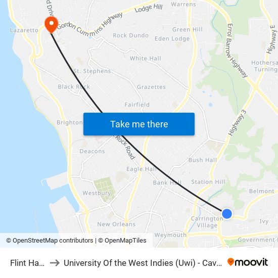 Flint Hall (2) to University Of the West Indies (Uwi) - Cave Hill Campus map