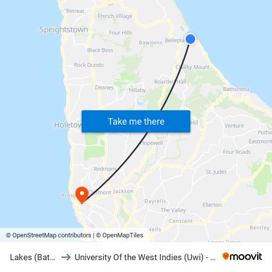 Lakes (Batsheba) to University Of the West Indies (Uwi) - Cave Hill Campus map