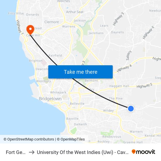 Fort George to University Of the West Indies (Uwi) - Cave Hill Campus map