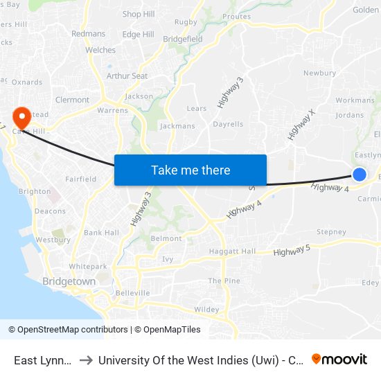 East Lynne (28) to University Of the West Indies (Uwi) - Cave Hill Campus map