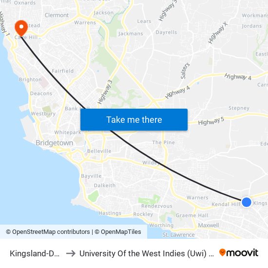 Kingsland-Dg School to University Of the West Indies (Uwi) - Cave Hill Campus map