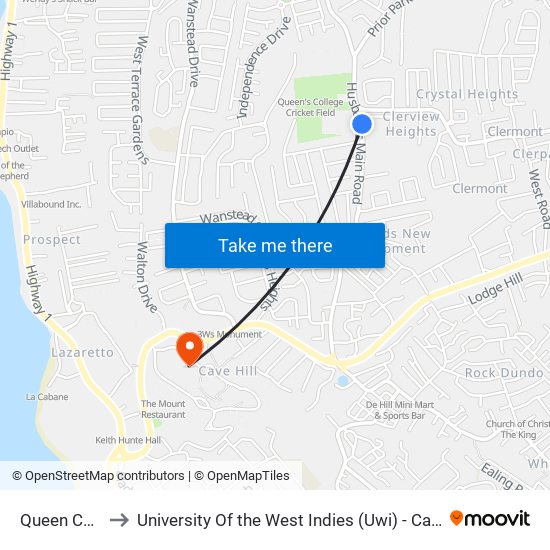 Queen College to University Of the West Indies (Uwi) - Cave Hill Campus map