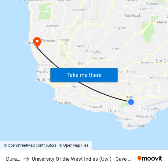 Durants to University Of the West Indies (Uwi) - Cave Hill Campus map