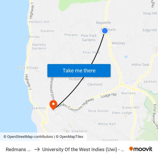 Redmans Village to University Of the West Indies (Uwi) - Cave Hill Campus map