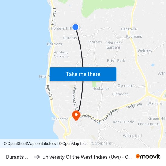 Durants Village to University Of the West Indies (Uwi) - Cave Hill Campus map