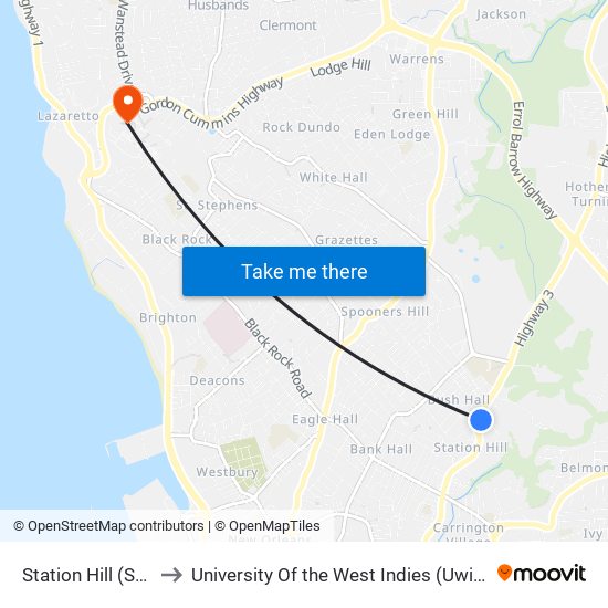 Station Hill (St Michael) to University Of the West Indies (Uwi) - Cave Hill Campus map