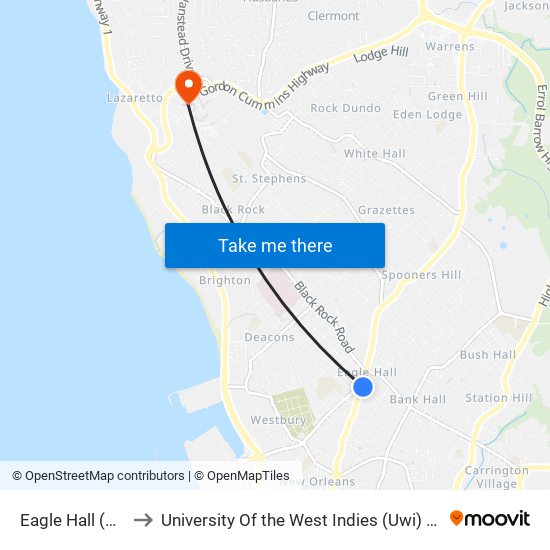 Eagle Hall (Plantrac) to University Of the West Indies (Uwi) - Cave Hill Campus map