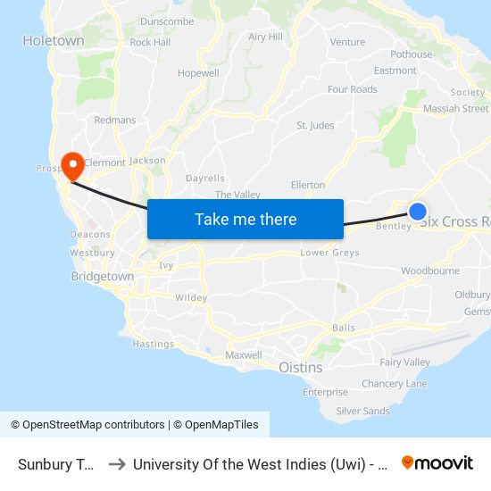 Sunbury Tenantry to University Of the West Indies (Uwi) - Cave Hill Campus map