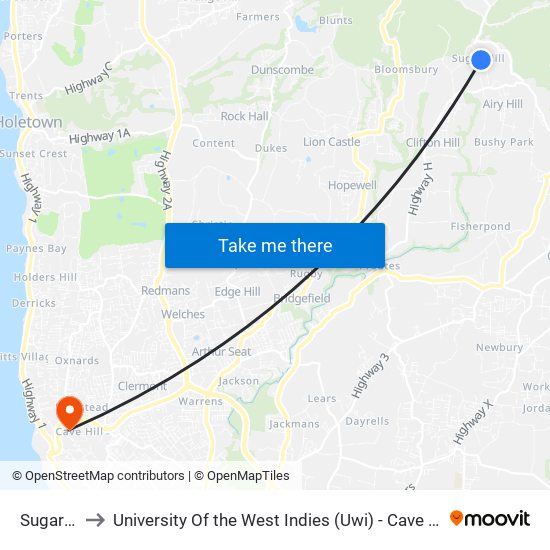 Sugar Hill to University Of the West Indies (Uwi) - Cave Hill Campus map