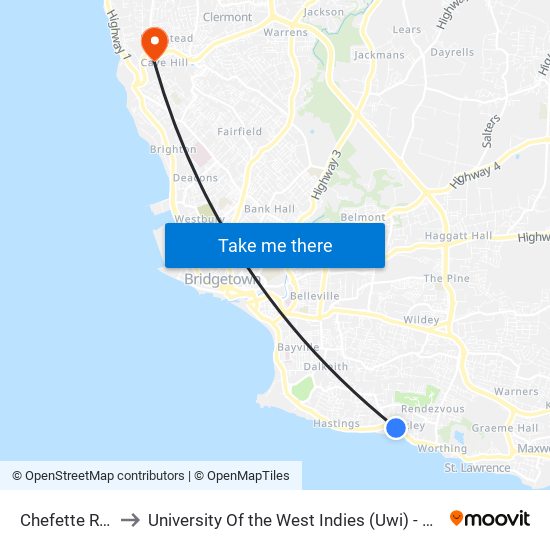 Chefette Rockley to University Of the West Indies (Uwi) - Cave Hill Campus map