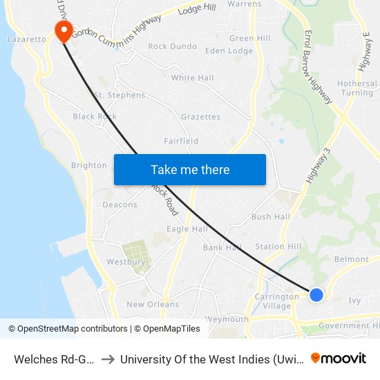 Welches Rd-Gas Station to University Of the West Indies (Uwi) - Cave Hill Campus map