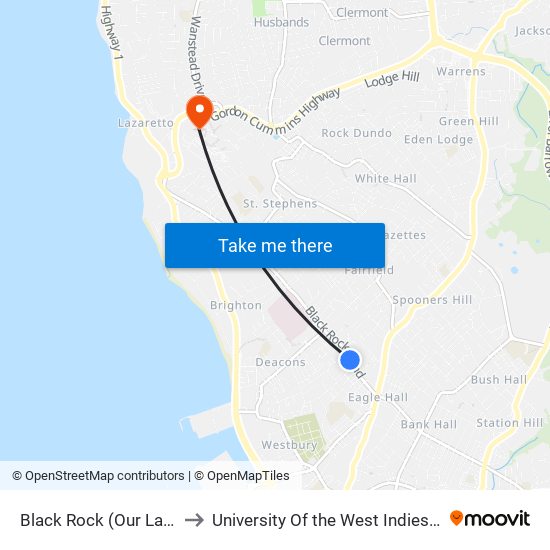 Black Rock (Our Lady Queen Church) to University Of the West Indies (Uwi) - Cave Hill Campus map