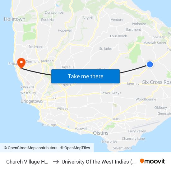 Church Village Ha - Dodds Land to University Of the West Indies (Uwi) - Cave Hill Campus map