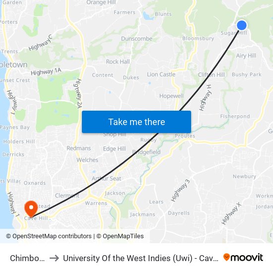 Chimborazo to University Of the West Indies (Uwi) - Cave Hill Campus map