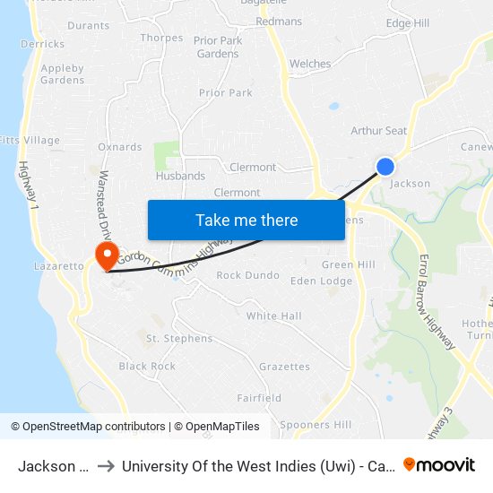 Jackson Road to University Of the West Indies (Uwi) - Cave Hill Campus map