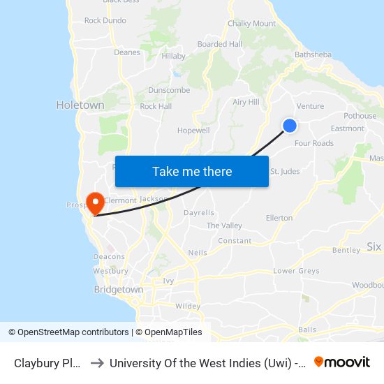 Claybury Plantation to University Of the West Indies (Uwi) - Cave Hill Campus map