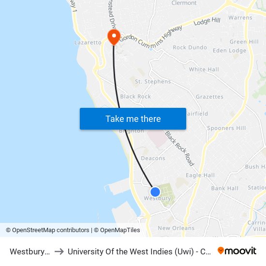 Westbury Road to University Of the West Indies (Uwi) - Cave Hill Campus map