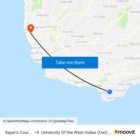 Sayer's Court School to University Of the West Indies (Uwi) - Cave Hill Campus map