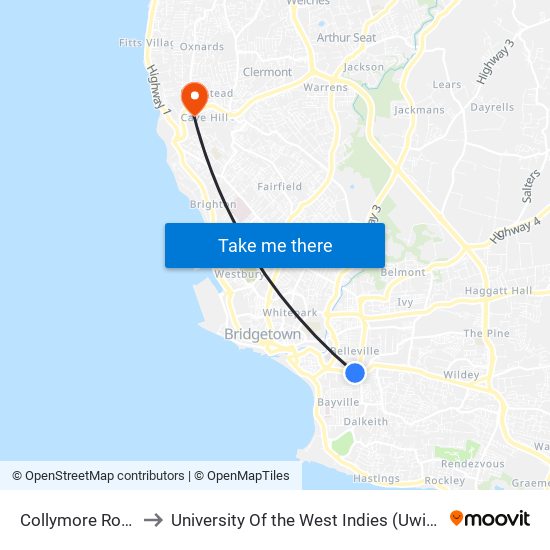 Collymore Rock (Bank) to University Of the West Indies (Uwi) - Cave Hill Campus map