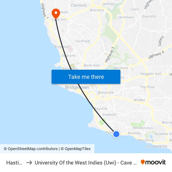 Hastings to University Of the West Indies (Uwi) - Cave Hill Campus map