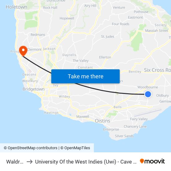 Waldrons to University Of the West Indies (Uwi) - Cave Hill Campus map