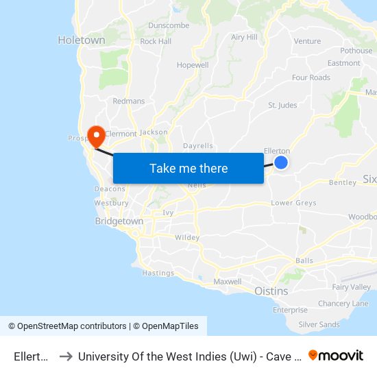 Ellerton B to University Of the West Indies (Uwi) - Cave Hill Campus map