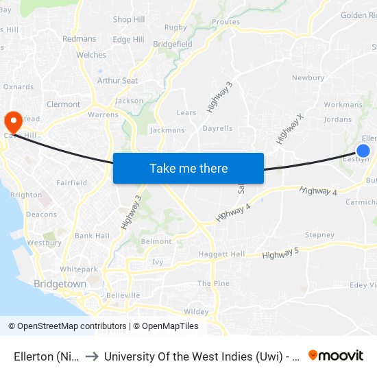 Ellerton (Niles Rd) to University Of the West Indies (Uwi) - Cave Hill Campus map