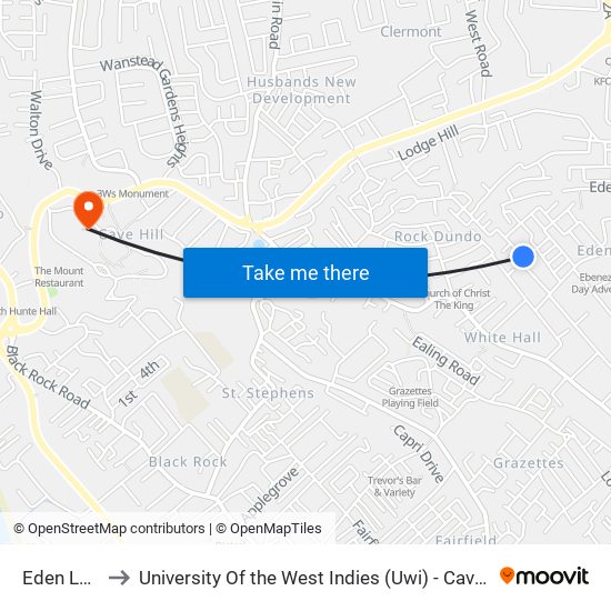 Eden Lodge to University Of the West Indies (Uwi) - Cave Hill Campus map