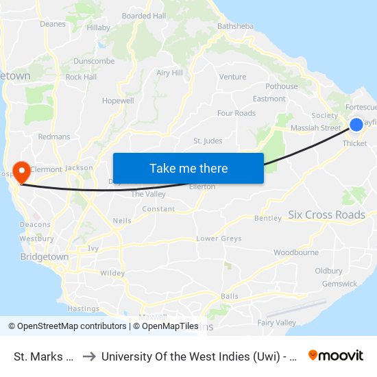 St. Marks School to University Of the West Indies (Uwi) - Cave Hill Campus map