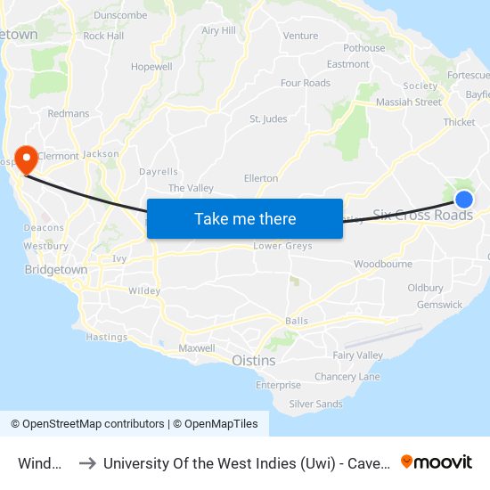 Windward to University Of the West Indies (Uwi) - Cave Hill Campus map
